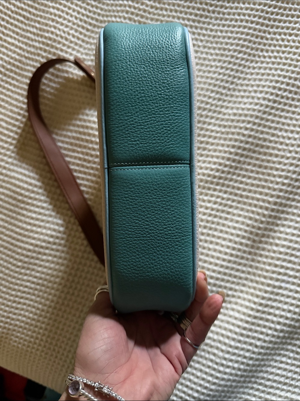 Coach White Pebbled Leather Shoulder Bag with Brown Strap and Blue Trim - Picture 4 of 8